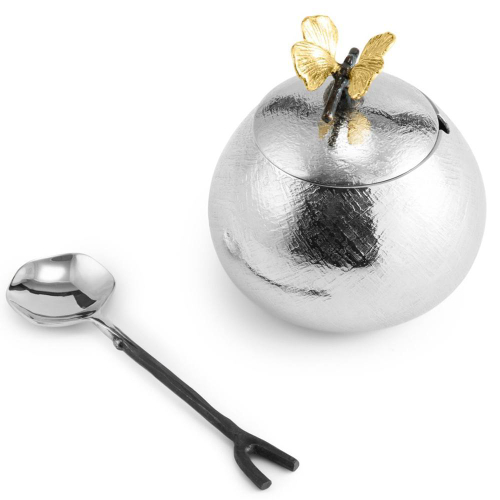 Сахарница с ложкой Michael Aram Бабочки гинкго 9 см, сталь нержавеющая, серебристая
