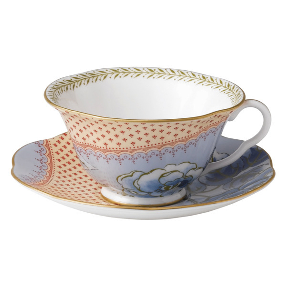 Чашка чайная с блюдцем Wedgwood Бабочки и цветы Пионы 185 мл, фарфор, желтый/голубой