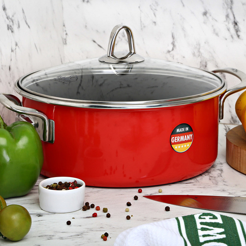 Кастрюля эмалированная стальная низкая со стеклянной крышкой, красный, 4.3 л, 24x10.5 см, Metallica SOLID, KOCHSTAR