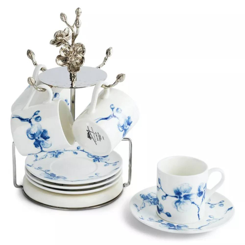 Набор кружек с блюдцами на подставке Michael Aram Голубая орхидея 9 предметов h 23 см, фарфор