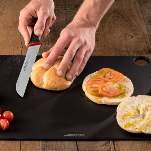 Нож для хлеба 20 см, из прокатной высокоуглеродистой нержавеющей стали, пластиковая рукоять, черный/красный, 147722, Duo, Arcos