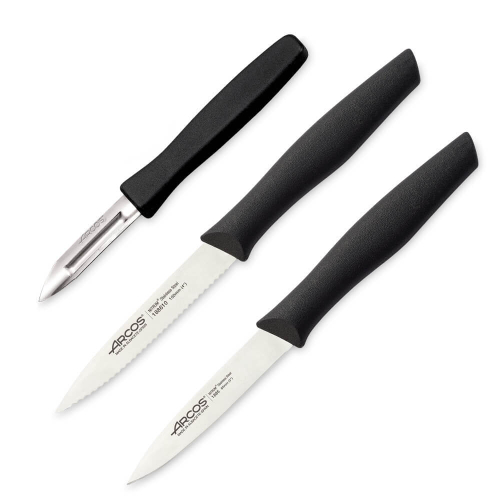 Набор кухонных ножей 3 шт. для чистки и нарезки овощей из прокатной высокоуглеродистой нержавеющей стали, пластиковая рукоять, черный, 189700, Nova, Arcos