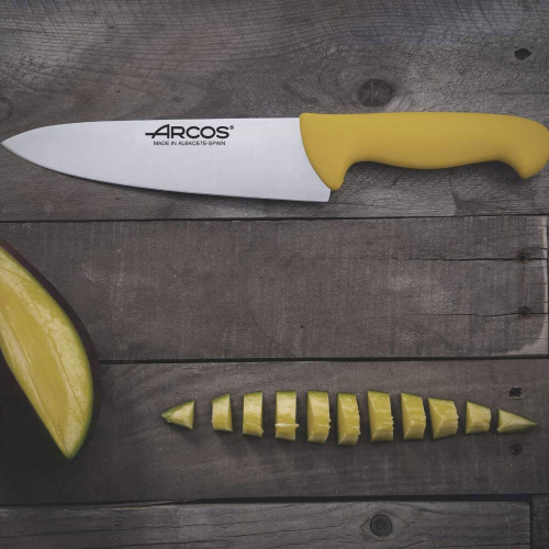Поварской нож «Шеф» 20 см, из прокатной высокоуглеродистой нержавеющей стали, пластиковая рукоять, желтый, 2900, Arcos