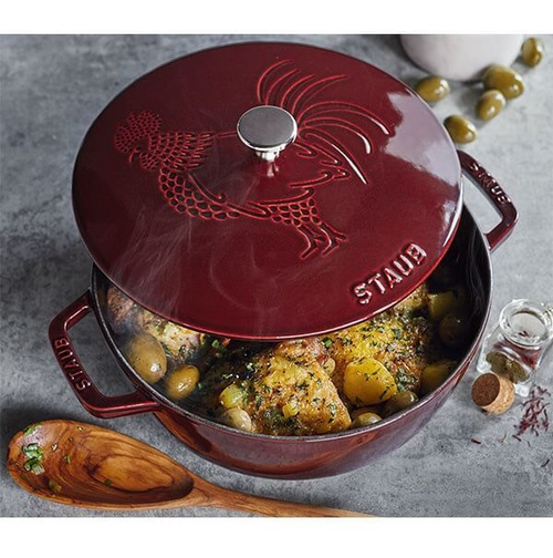 Чугунная эмалированная кастрюля с крышкой "Петух", объем 3.6 л, диаметр 24 см, цвет: гранатовый, кокот Staub