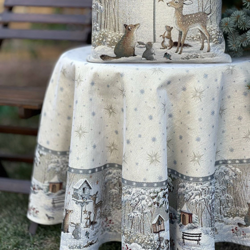 Скатерть круглая 165 см, коллекция "Лесные друзья у кормушки", Le Gobelin