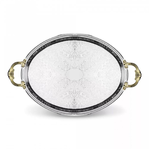 Поднос овальный с золотыми ручками 50х32 см Queen Anne серебряный